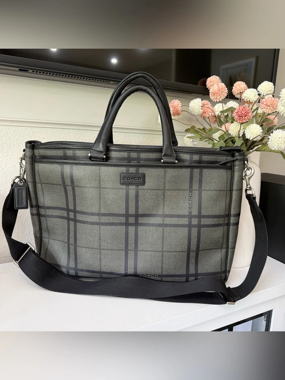 Coach $398 RETAIL! F71072 Gray Black Tattersall Metro Briefcase Laptop Work Tote